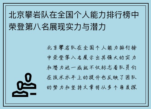 北京攀岩队在全国个人能力排行榜中荣登第八名展现实力与潜力